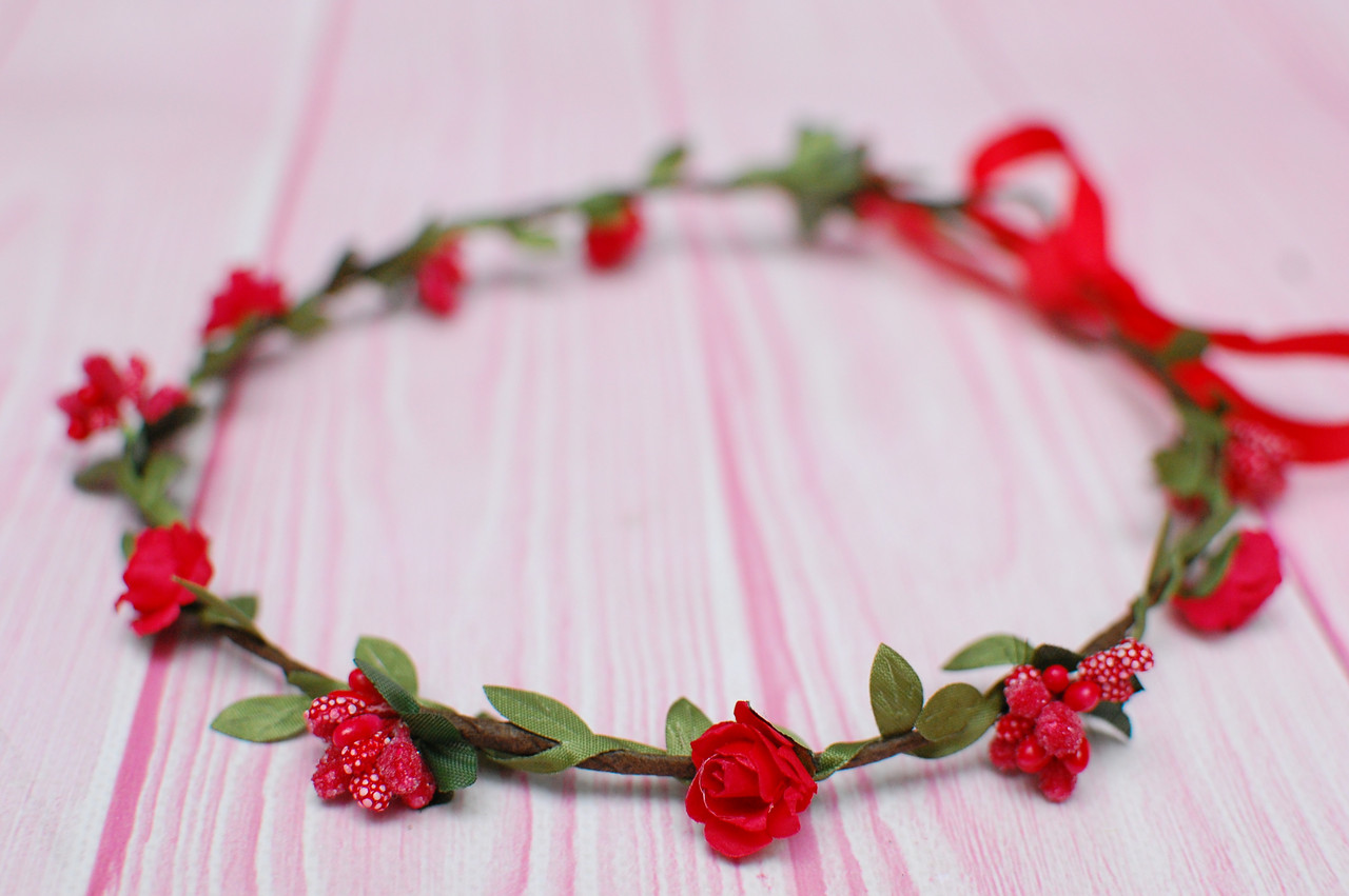 Вінок на голову / віночок для волосся Okl червоний тонкий з лози та троянд 3 Об, фото 1