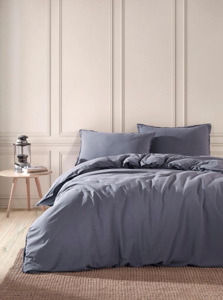 Турецька Постільна Білизна Limasso Stonewashed Ranforce Plasid Natural Grey Вареный Хлопок