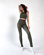 Комплект: лосини з ефектом пуш-ап та топ в рубчик L/XL, Хакі з моделюючим швом ззаду