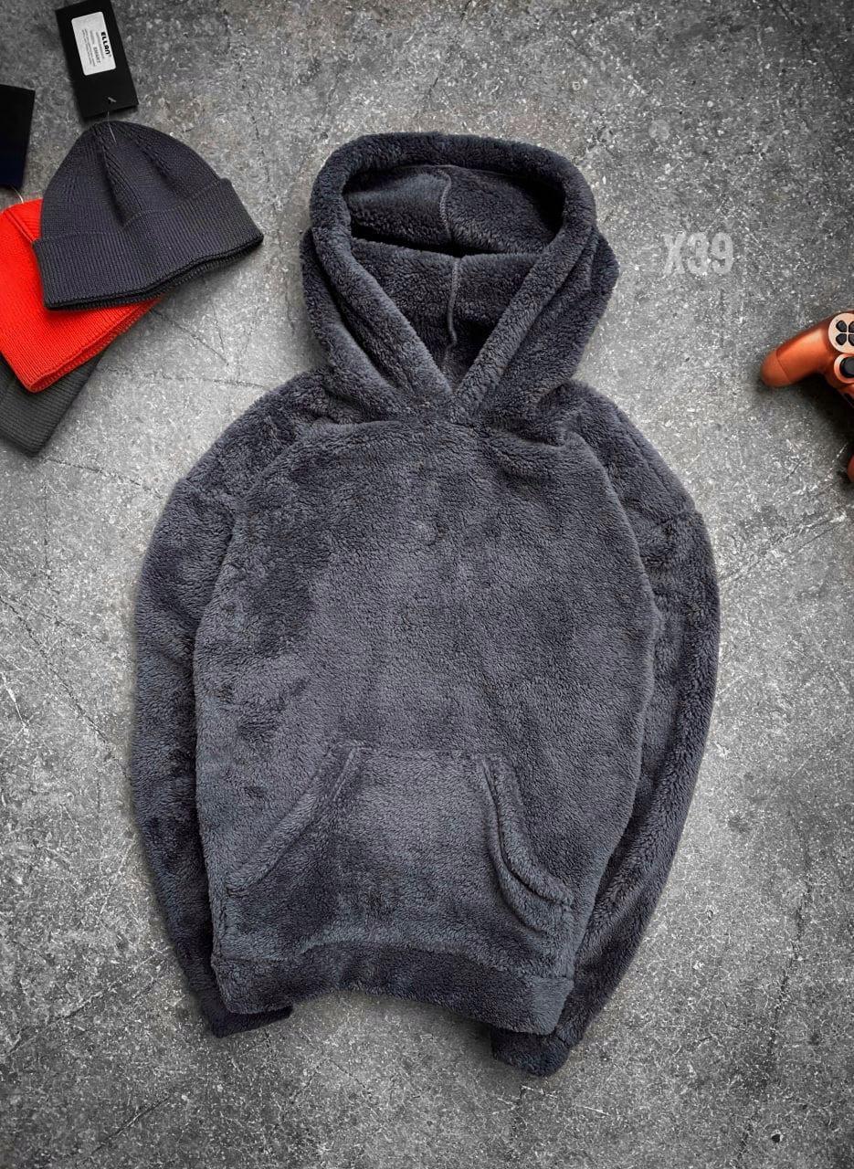 Худі кенгуру чоловіче оверсайз плюшеве сіре тепле м'яка кофта плюш із капюшоном молодіжна стильна, фото 1