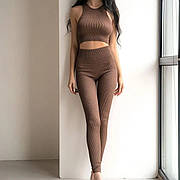Комплект: лосини з ефектом пуш-ап та топ в рубчик L/XL, Коричневий (Мокко) з моделюючим швом ззаду