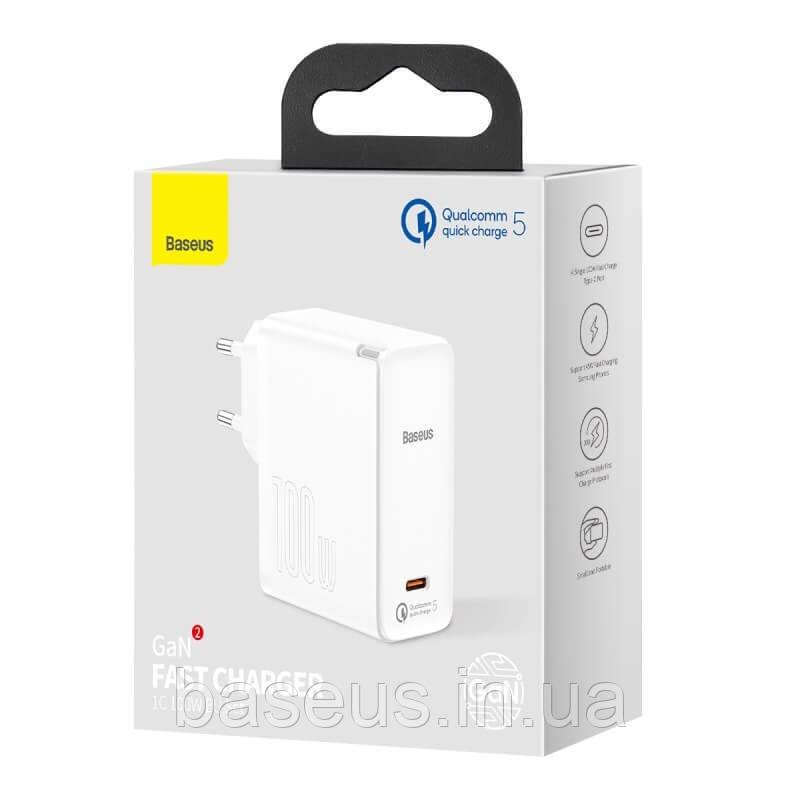 Блок живлення мережевий зарядний пристрій МЗП Baseus GaN2 Fast Charger 100W + Cable Type-C to Type-C 100W (1.5m)