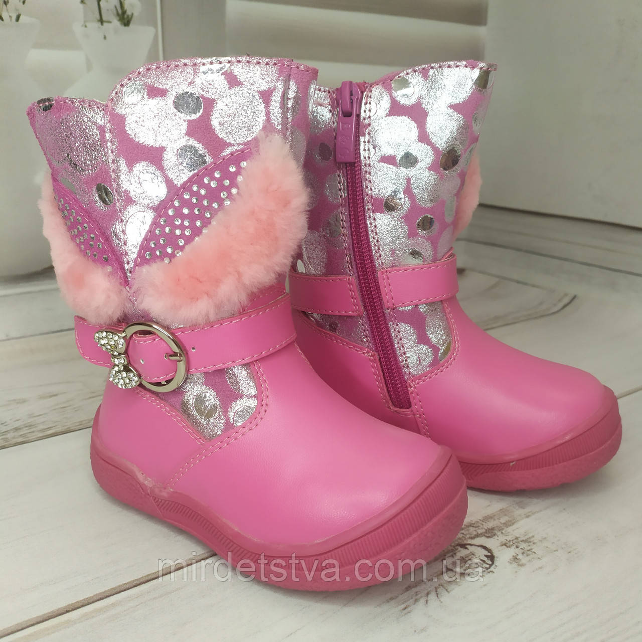 Дитячі зимові шкіряні черевики чоботи на хутрі для дівчинки B&G рожевв розмір 25