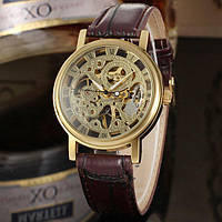 Часы мужские наручные скелетон Winner Gold механические с автоподзаводом качественные на кожаном браслете