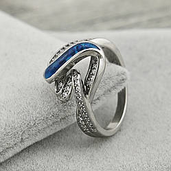 Каблучка Мірим 38433 ширина 13 мм білі фіаніти синя емаль позолота Біле Золото розмір 17