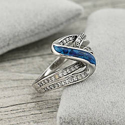 Каблучка Мірим 38433 ширина 13 мм білі фіаніти синя емаль позолота Біле Золото розмір 19