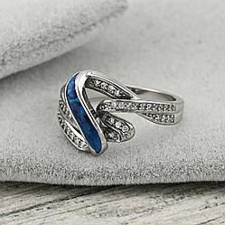 Каблучка Мірим 38433 ширина 13 мм білі фіаніти синя емаль позолота Біле Золото розмір 18