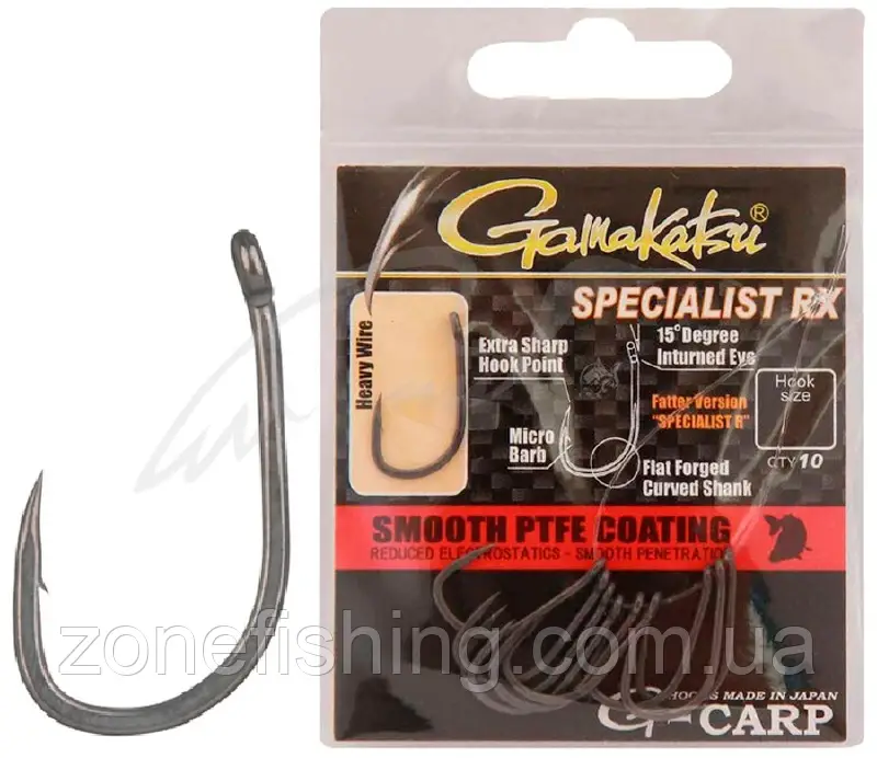 Коропові гачки Gamakatsu G-CARP Specialist RX №6 (10шт) с тефлоновим покриттям (матові)