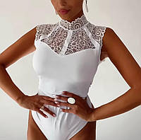 Белое ажурное нарядное модное открытое женское боди с кружевом микродайвинг, шикарное кружевное боди