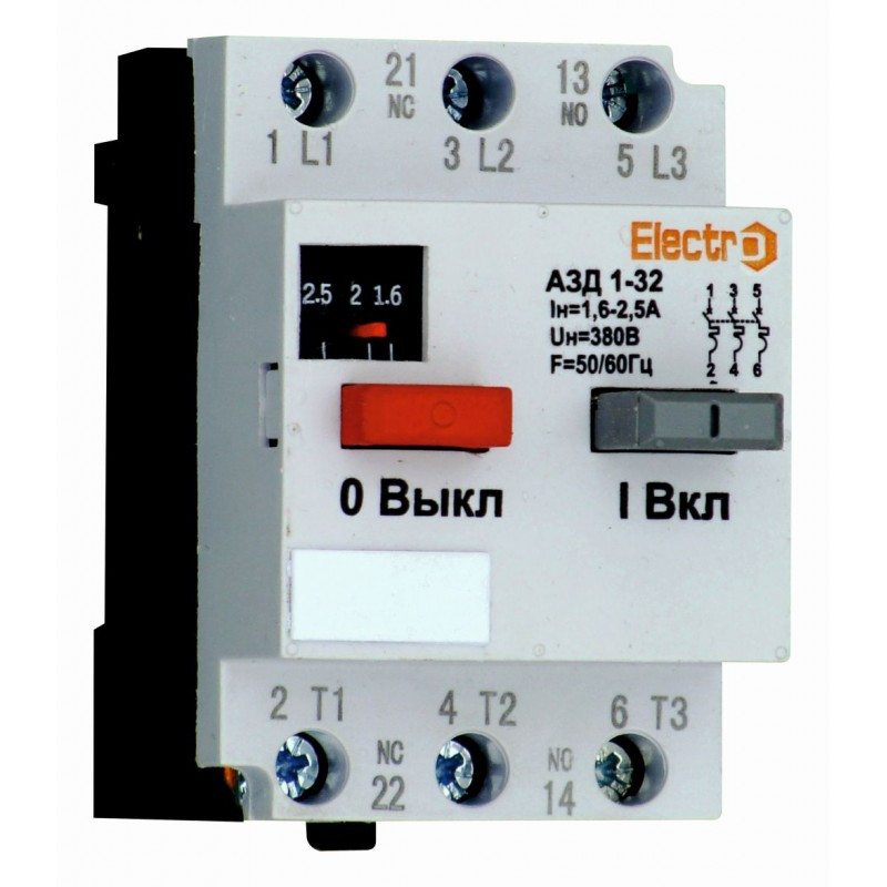 Автоматический выключатель защиты двигателя АЗД1-32, 380В, 3Р, 1,6А, В (АС), диапазон настройки 1-1,6A