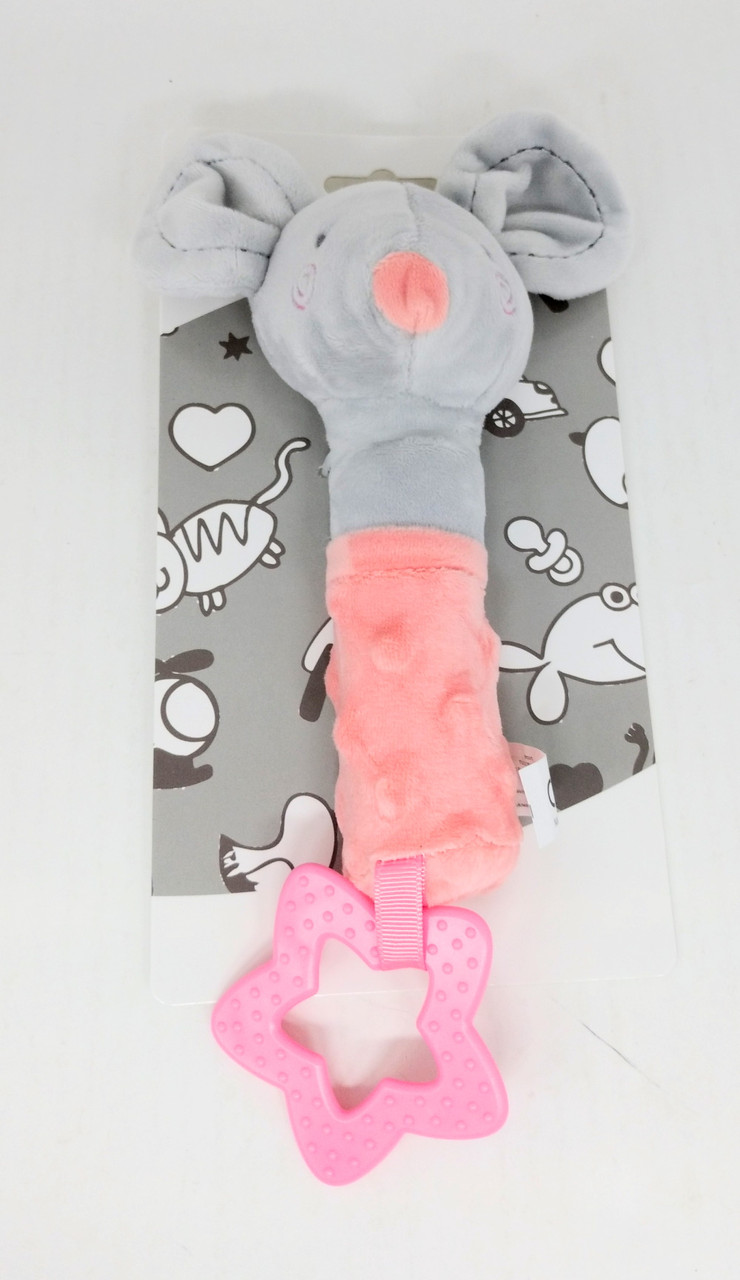 Брязкальце пищалка м'яка з прорізувачем Мишка, на планшеті 23*12см, 9211