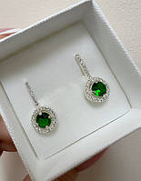 Серебряные серьги женские круглые Стильные сережки серебро с белыми и зелеными фианитами Вдохновение