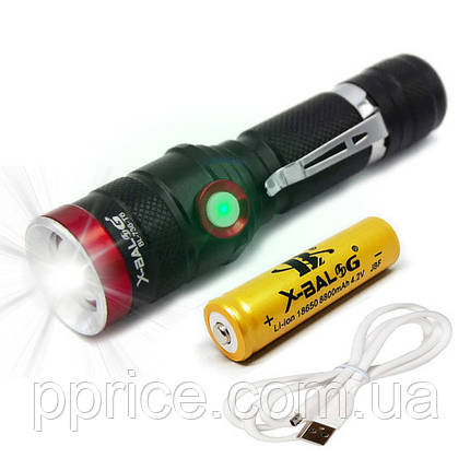 Ліхтар ручний X-Balog BL-736-T6 універсальний із зарядкою USB, з фокусуванням, з кліпсою, фото 1