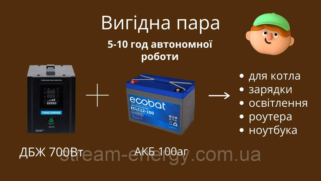 Комплект безперебійник для котла з акумулятором 8-10г автономної роботи (700Вт+100аг), фото 1