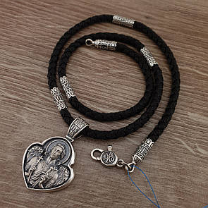 Кулон Ангел хранитель срібло і шовковий шнурок зі срібними вставками. Цепочка чоловіча шовк 70 см