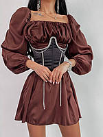 Короткое шелковое платье с корсетом декорированным стразами (р. 42, 44) 66035084Е