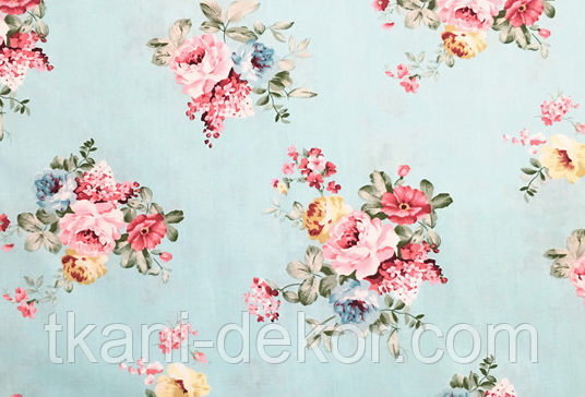 Сатин (бавовняна тканина) троянди, букети на блакитному (ширина 160 см, 120 г/2), фото 1