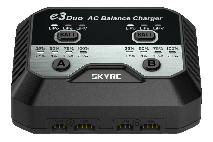 Двухканальний зарядний пристрій SkyRC e3 duo 20Wx2 2.2A з/БП для Li-Pol/Li-Fe/Li-HV 2-3S акумуляторів