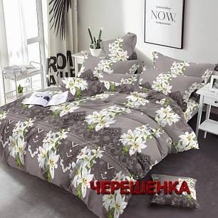 Тканина для постільної білизни Бязь "Gold" Lux GL049brown (50м) лілії та мереживо на сіро-коричневому, фото 1