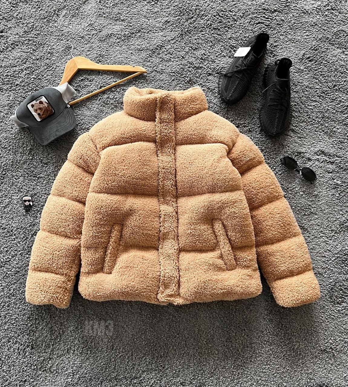 Чоловіча зимова куртка плюшева бежева без капюшона до -20 °C  ⁇  Чоловічий плюшевий пуховик, фото 1