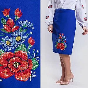 Батальна синя плахта з вишивкою Мальва XXL