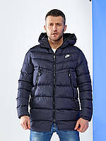 Мужская куртка Nike с капюшоном, куртка пуховик средней длины Найк темно-синяя еврозима fms