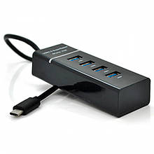 Хаб Type-C, 4 порти USB 3.0, 20 см, Black, Blister