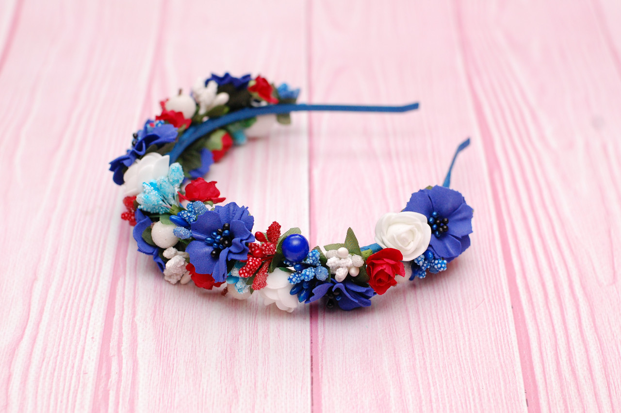 Обруч для волосся / обідок на голову з квітами під вишиванку блакитний 118, фото 1