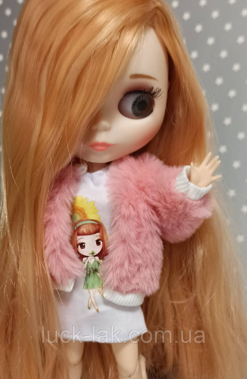 Лялька Блайз Blythe Пенні з довгим персиковим волоссям, 3D-очі 4 кольори 10 пар пензлів, плаття, шуба, взуття