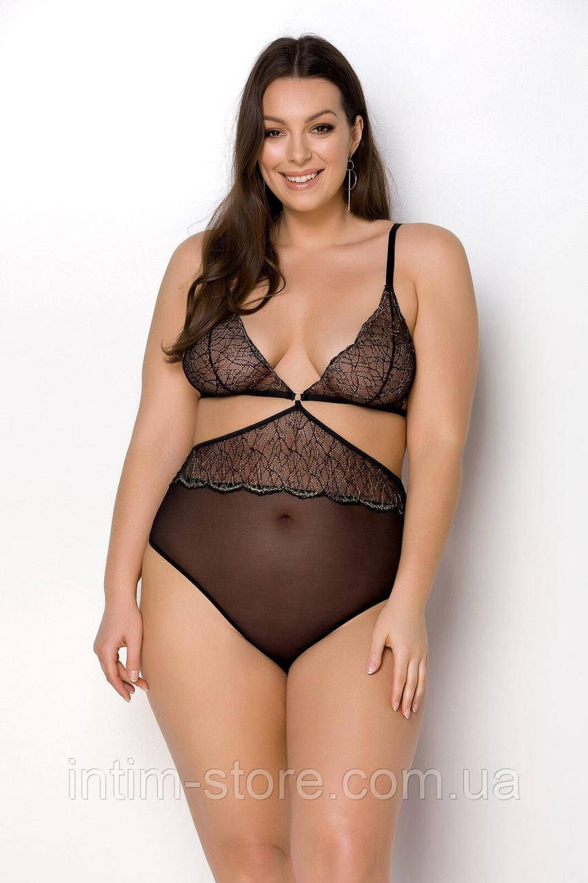 Боді Passion Amberly Body 6XL/7XL black, асиметричний крій, мереживний ліф, золота нитка SO7050, фото 1