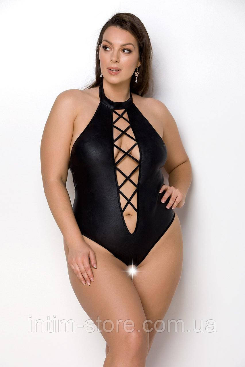 Боді з екошкіри Passion Nancy Body 6XL/7XL black, з імітацією шнурівки та відкритим доступом SO7105, фото 1