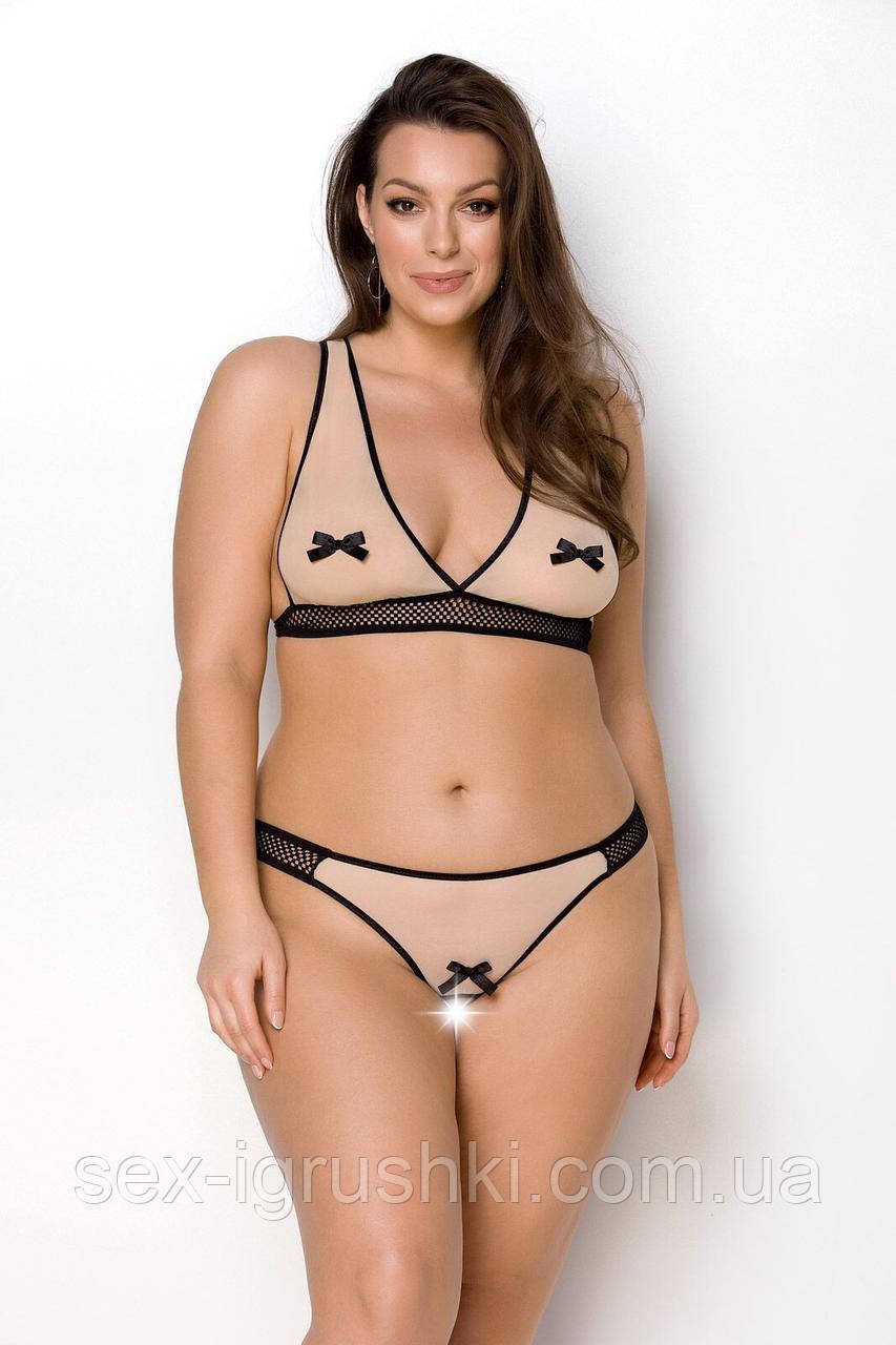 Комплект білизни Passion Viena Set 6XL/7XL beige, ліф, стрінги з доступом, бантики SO7116