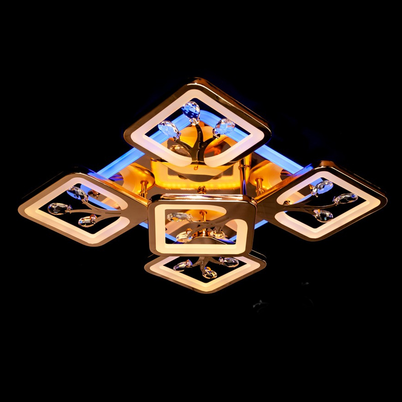 Світлодіодна люстра "квадрати з гілками" 105 Вт золото з підсвічуванням основи D-9268/4+1G LED 3color dimmer, фото 1