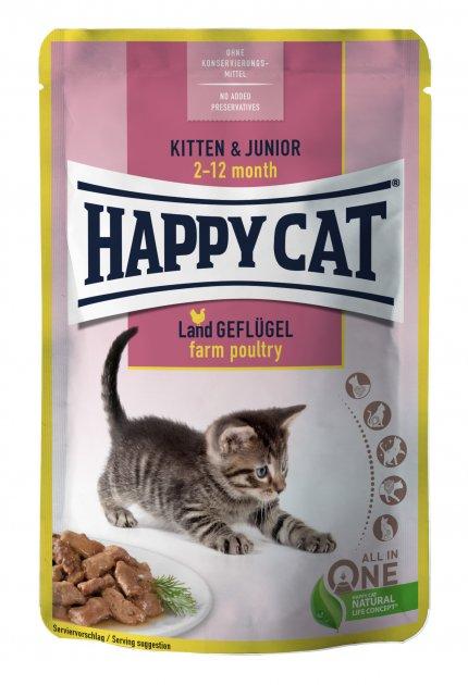 Вологий корм для кошенят  Happy Cat MIS Kitten & Junior L-Gefl Pouch птах шматочки в cоусі 85 г.