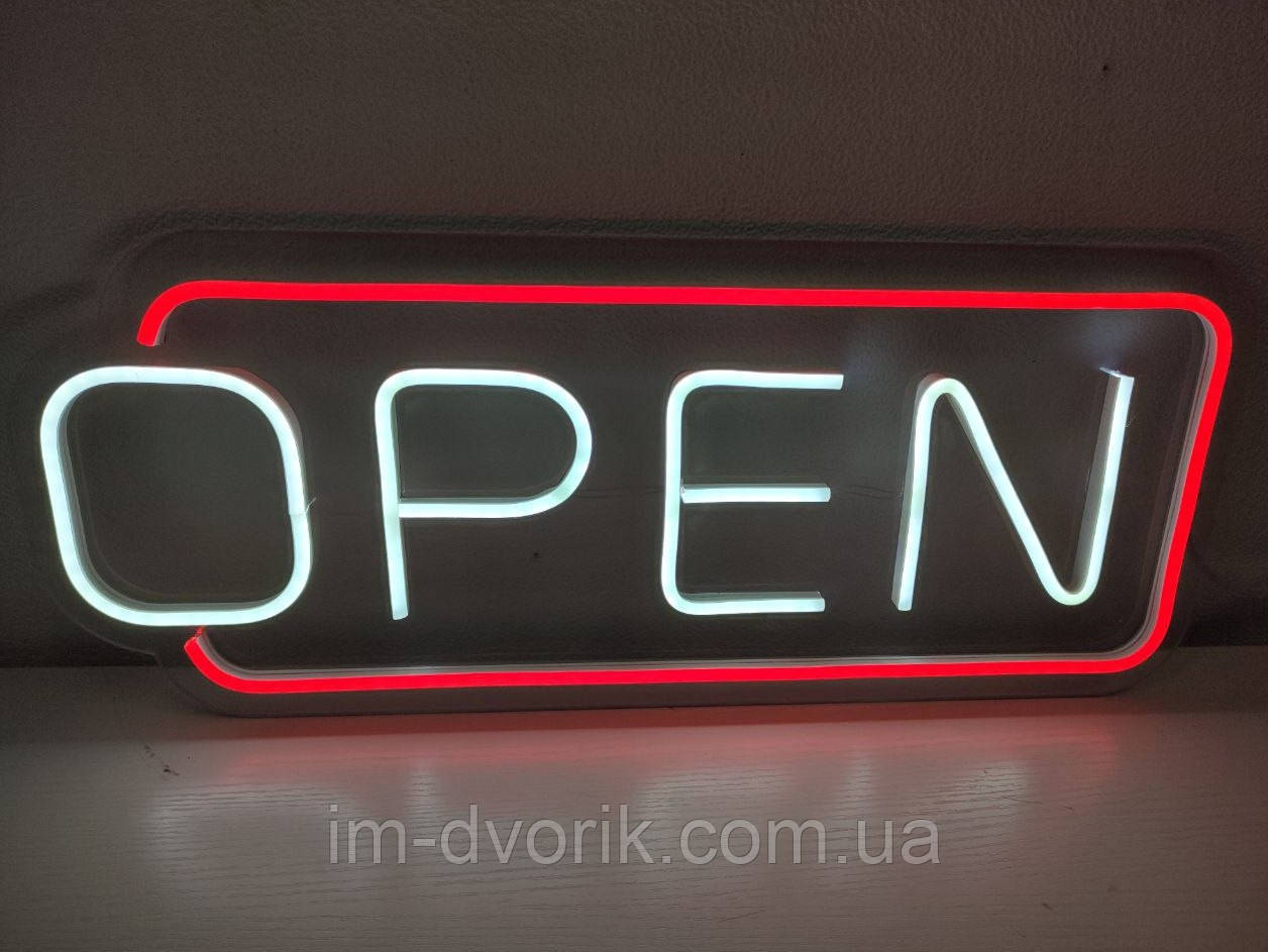 Неонова Led вивіска OPEN (відкрито) червоно - біла 485 х 200 мм з пультом