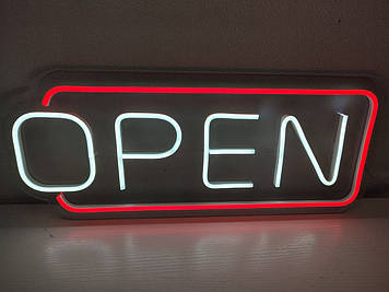 Неонова Led вивіска OPEN (відкрито) червоно - біла 485 х 200 мм з пультом