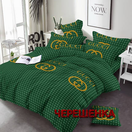 Тканина для постільної білизни Бязь "Gold" Lux GL3693green (50м) брендовий принт на зеленому, фото 1