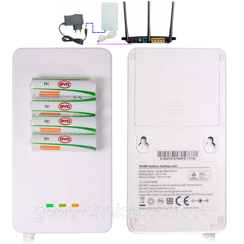 Джерело безперебійного живлення BBU15-DT, 12В + 4 акумулятори АА (2000 mah) / Безперебійник на акумуляторах / Міні упс