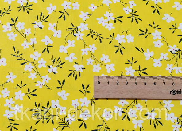 Сатин (бавовняна тканинна) Сакура на жовтому, фото 1