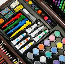Набір для творчості 123 предмети в дерев'яній валізі, Дитячий набір для малювання, Набір юного художника, фото 4