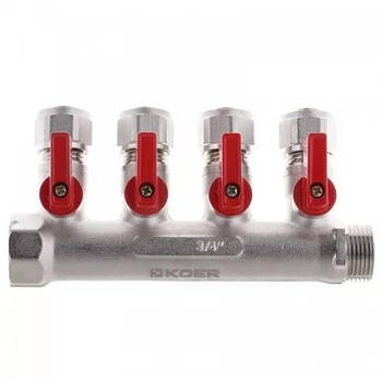 Колектор Koer KR.1125-4 3/4”x4 WAYS з відсікаючими кранами з фітингом