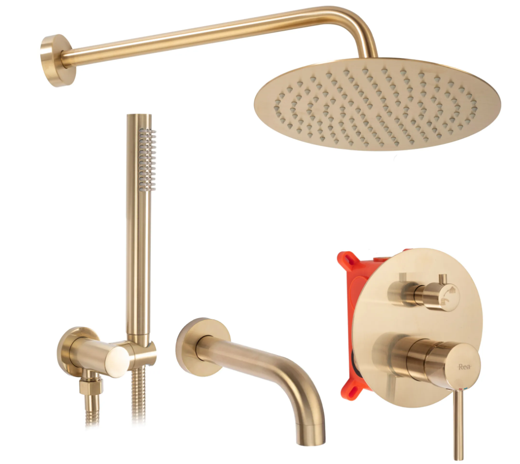 Душова система REA LUNGO BRUSHED GOLD з виливом + BOX прихованого монтажу