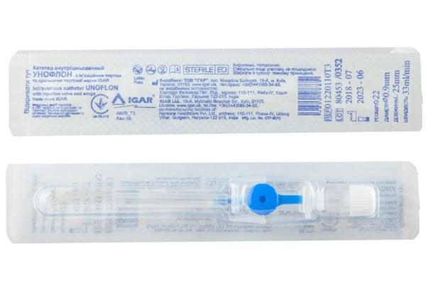 Канюля внутрішньовенна Igar Unoflon з портом 22G (0,9*25 мм), від 50 шт.