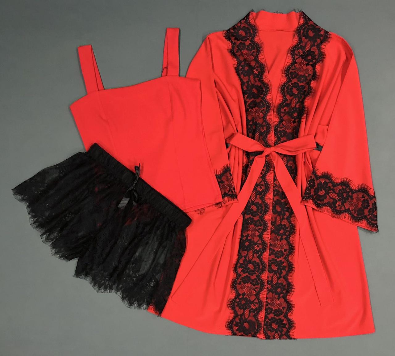 Комплект трійка, майка + шорти та жіночий халат.( чорний-дайвінг)