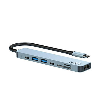 USB Хаб XO HUB008 7-in1 Type-C to USB+HDMI+Type-C+SD+microSD PD 100W