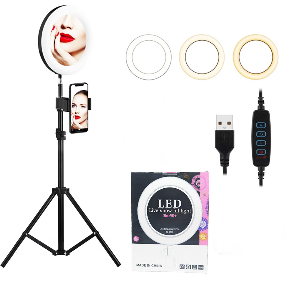 Кільцева світлодіодна лампа Ra:95 з дзеркалом і USB Набір блогера 26 см селфі кільце зі штативом 2 м, фото 1