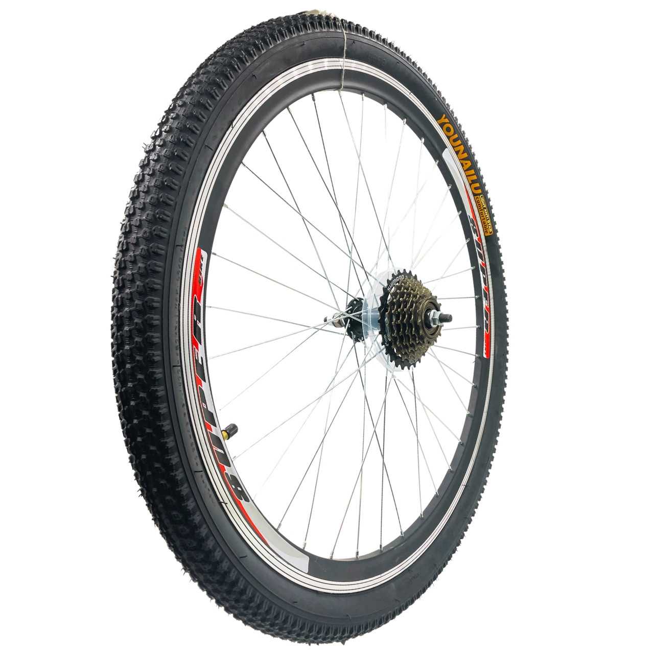 Колесо велосипеда Scorpion заднє 26" в зборі Обід, спиця, втулка-пром, покришка, камера, зірки Shimano