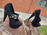 Туфлі жіночі чорні з еказамші на 34 35 37 з металевою вставкою на високих підборах