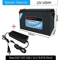 12В 100Ah LiFePO4 Литий-железо-фосфатный аккумулятор BMS 4000+ циклов + ЗУ 2 USB.