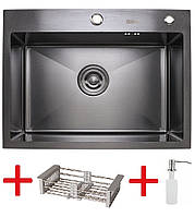 Мойка кухонная из нержавеющей стали Platinum Handmade 60*45 PVD черная 3\1.5 мм + подарок